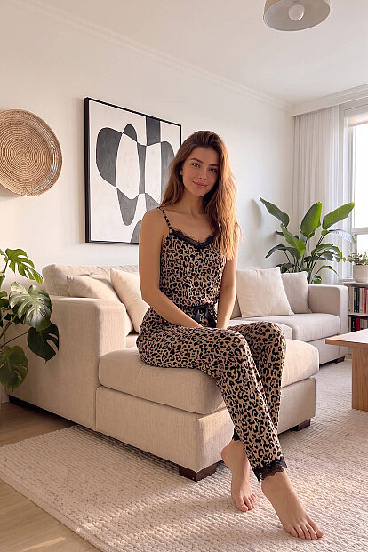 Kahve Leopar Baskılı Dantelli İp Askılı Örme Kadın Pijama Takımı - 7