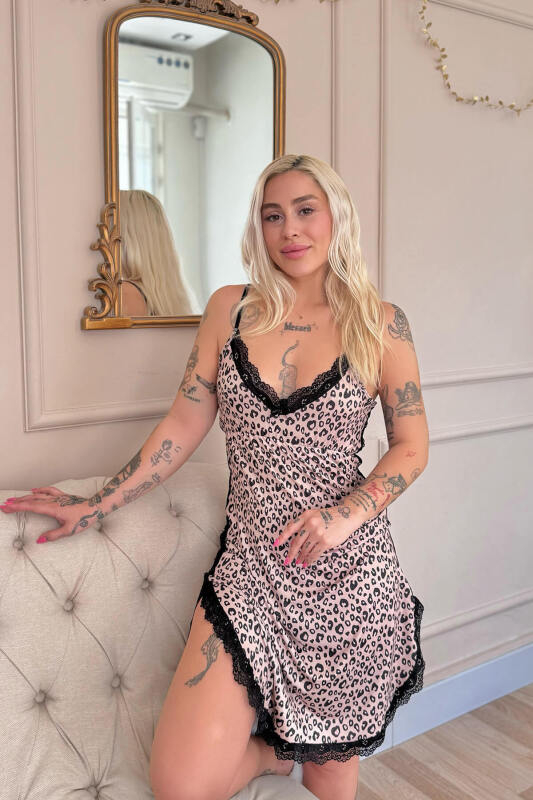 Kahve Leopar Dantel Detaylı Bambu Midi Kadın Gecelik - Pijamaevi (1)