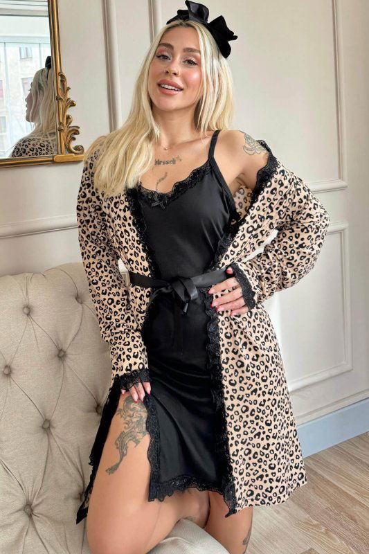 Kahve Luiperd Desenli Sabahlıklı Gecelik Kadın Pijama Seti - Pijamaevi