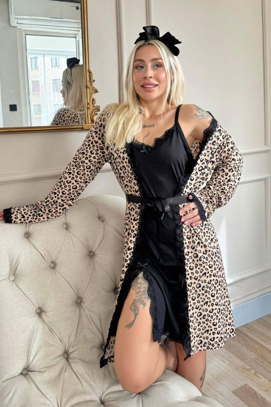 Kahve Luiperd Desenli Sabahlıklı Gecelik Kadın Pijama Seti - Pijamaevi (1)