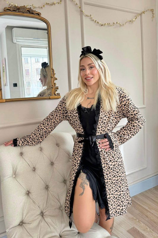 Kahve Luiperd Desenli Sabahlıklı Gecelik Kadın Pijama Seti - Pijamaevi (2)