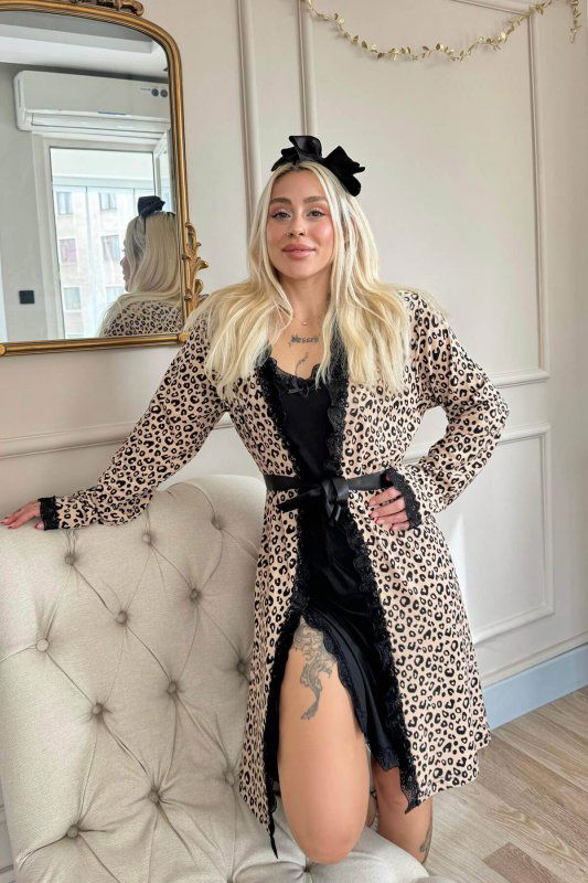 Kahve Luiperd Desenli Sabahlıklı Gecelik Kadın Pijama Seti - Pijamaevi (3)