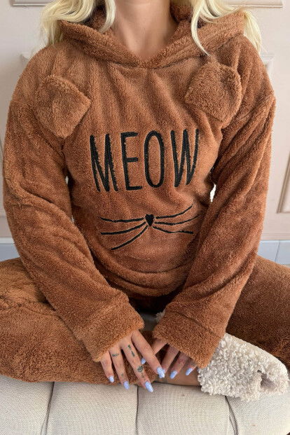 Kahve Meow Desenli Tam Peluş Pijama Takımı - 7