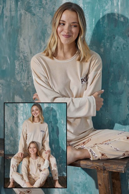 Kahve Pods Kadife Anne Kız Aile Pijaması - Anne Takım - 8