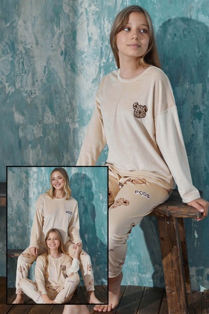 Kahve Pods Kadife Anne Kız Aile Pijaması - Çocuk Takımı - 7