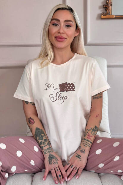 Kahve Sleep Desenli Pamuk Kısa Kollu Kadın Pijama Takımı - 1
