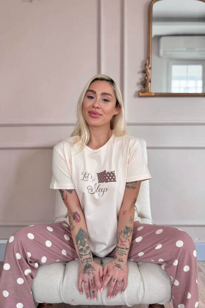 Kahve Sleep Desenli Pamuk Kısa Kollu Kadın Pijama Takımı - 4