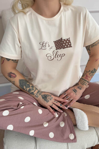Kahve Sleep Desenli Pamuk Kısa Kollu Kadın Pijama Takımı - 5