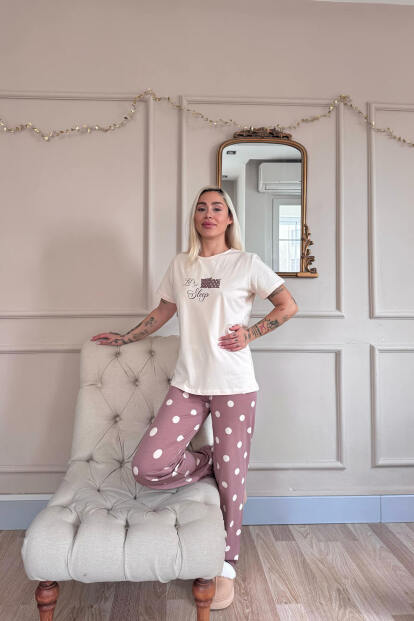 Kahve Sleep Desenli Pamuk Kısa Kollu Kadın Pijama Takımı - 6