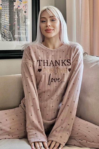 Kahve Thanks Desenli Peluş Polar Pijama Takımı 