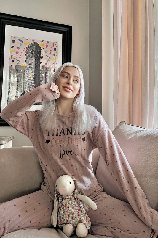 Kahve Thanks Desenli Peluş Polar Pijama Takımı - Pijamaevi (1)