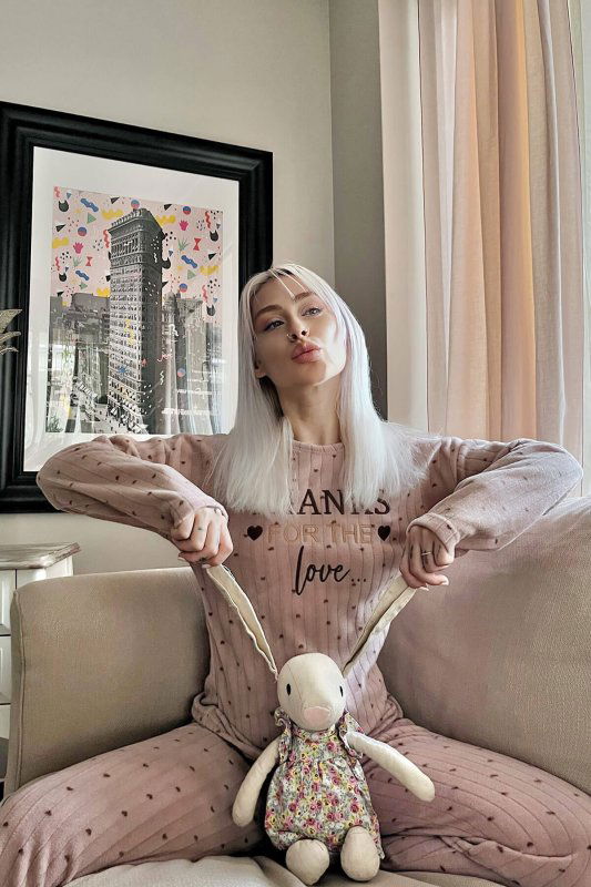 Kahve Thanks Desenli Peluş Polar Pijama Takımı - Pijamaevi (2)