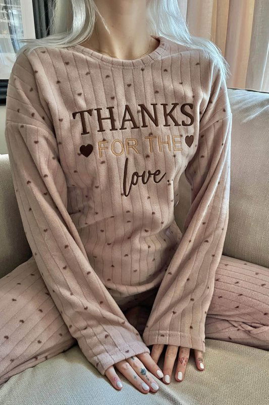 Kahve Thanks Desenli Peluş Polar Pijama Takımı - Pijamaevi (3)
