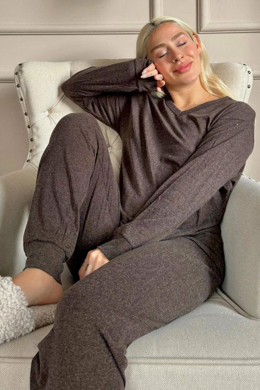 Kahverengi Bambu Uzun Kol Kadın Pijama Takımı - Pijamaevi