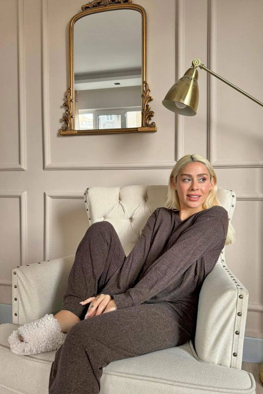 Kahverengi Bambu Uzun Kol Kadın Pijama Takımı - Pijamaevi (1)