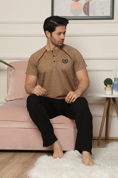 Kahverengi Düğme Detaylı Kısa Kollu Erkek Pijama Takımı - 2
