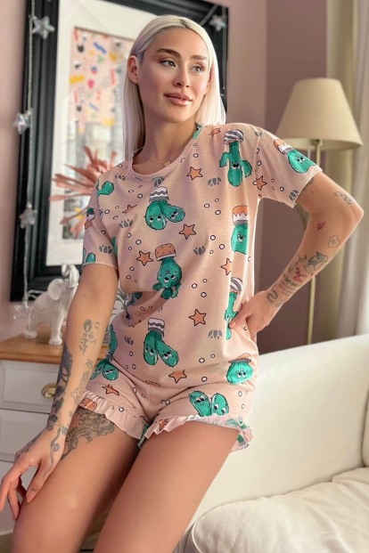 Kaktüs Baskılı Şortlu Kadın Pijama Takımı - 1