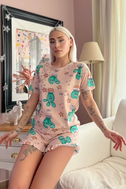 Kaktüs Baskılı Şortlu Kadın Pijama Takımı - 2
