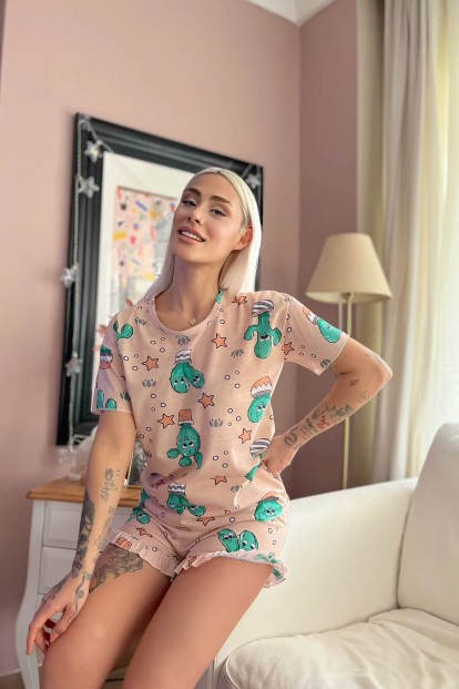 Kaktüs Baskılı Şortlu Kadın Pijama Takımı - 3