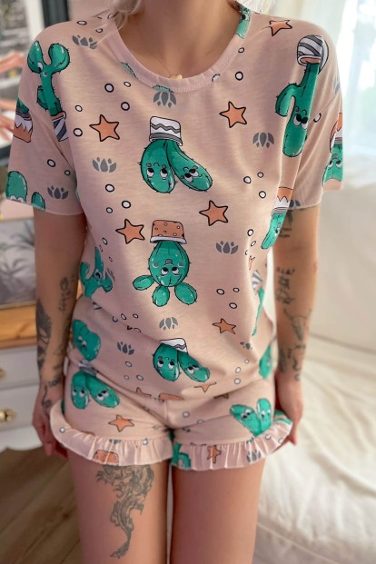 Kaktüs Baskılı Şortlu Kadın Pijama Takımı - 4