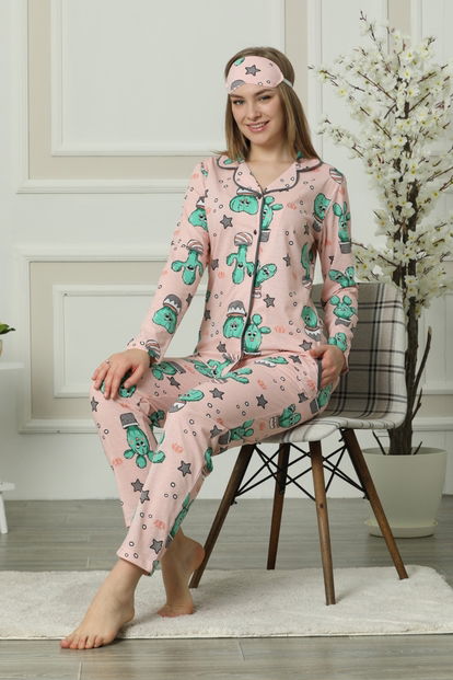 Kaktüs Desenli Önden Düğmeli Uzun Kollu Pijama Takımı - 1