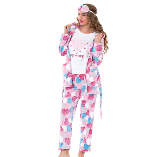 Kalp Desenli Bayan Peluş Sabahlıklı Pijama takım - 1