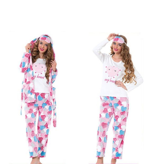 Kalp Desenli Bayan Peluş Sabahlıklı Pijama takım - 2