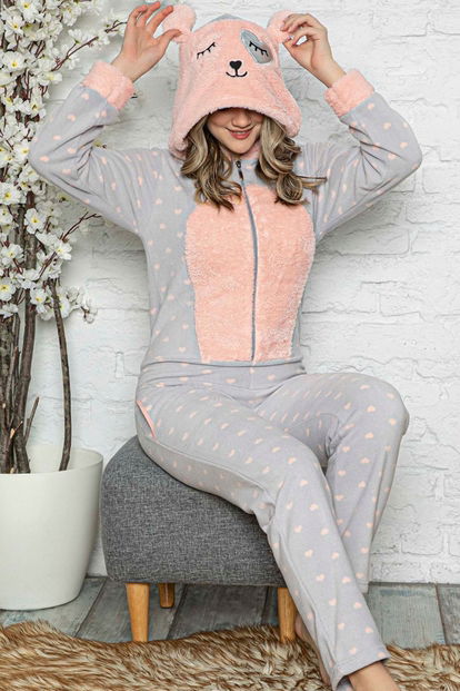 Kalp Desenli Kadın Polar Peluş Tulum Pijama - 1