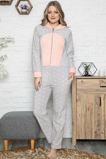 Kalp Desenli Kadın Polar Peluş Tulum Pijama - 2
