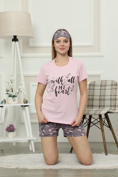 Kalp Desenli Kadın Şortlu Pijama Takımı - 1