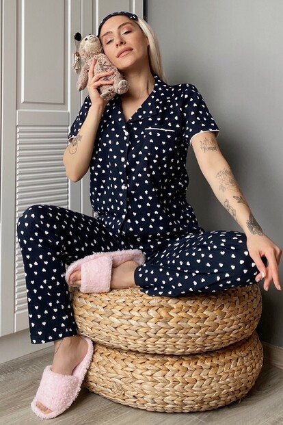 Kalp Desenli Önden Düğmeli Kısa Kol Kadın Pijama Takımı - 1