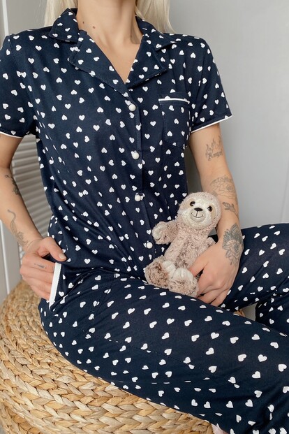 Kalp Desenli Önden Düğmeli Kısa Kol Kadın Pijama Takımı - 2