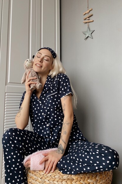 Kalp Desenli Önden Düğmeli Kısa Kol Kadın Pijama Takımı - 3
