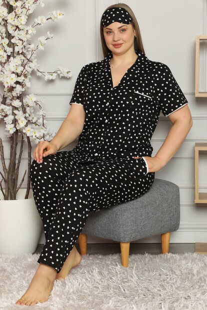 Kalp Desenli Önden Düğmeli Kısa Kollu Büyük Beden Battal Pijama Takımı - 1