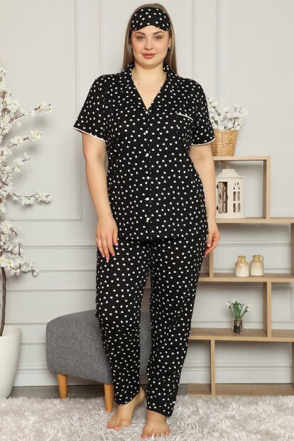 Kalp Desenli Önden Düğmeli Kısa Kollu Büyük Beden Battal Pijama Takımı - 2