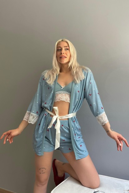 Kalp Desenli Sabahlıklı Bralet Örme Pijama Takımı - 3