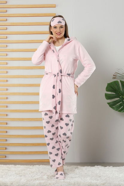 Kalp Kedi Desenli Sabahlıklı Peluş Pijama Takımı - 1