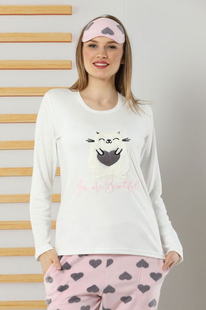 Kalp Kedi Desenli Sabahlıklı Peluş Pijama Takımı - 2