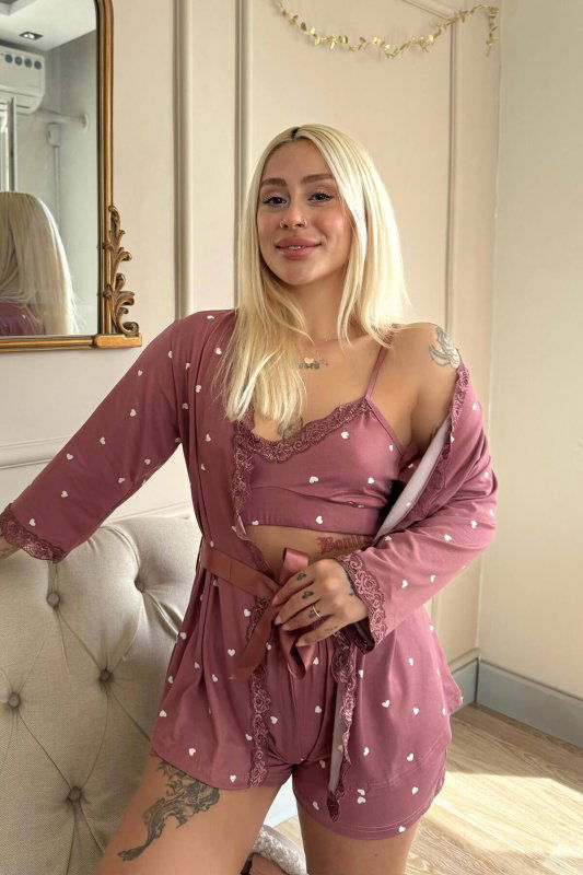 Kalp Pembe Desenli Bambu Crop Sabahlıklı Şortlu Pijama Takımı - Pijamaevi (1)