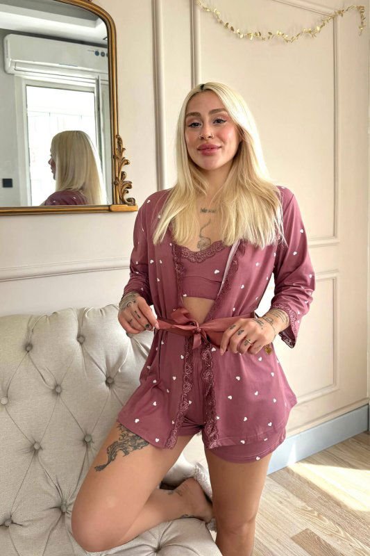 Kalp Pembe Desenli Bambu Crop Sabahlıklı Şortlu Pijama Takımı - Pijamaevi (3)