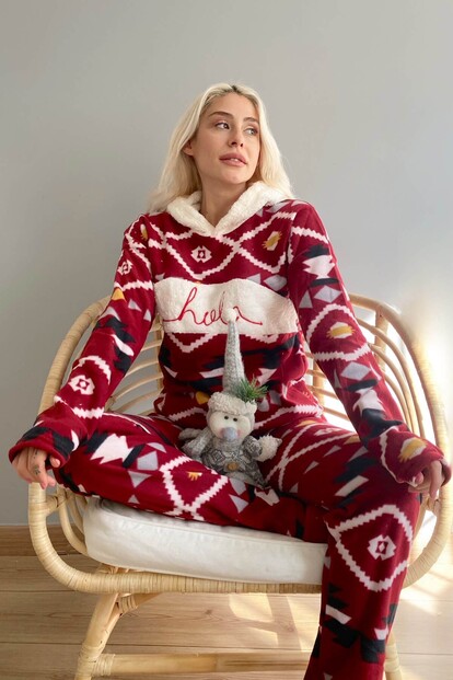 Kapşonlu Hola Desenli Kadın Peluş Pijama Takımı - 2