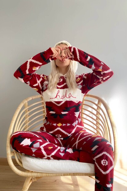 Kapşonlu Hola Desenli Kadın Peluş Pijama Takımı - 3