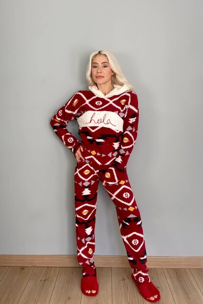 Kapşonlu Hola Desenli Kadın Peluş Pijama Takımı - 4