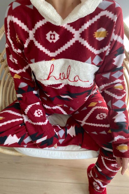 Kapşonlu Hola Desenli Kadın Peluş Pijama Takımı - 5