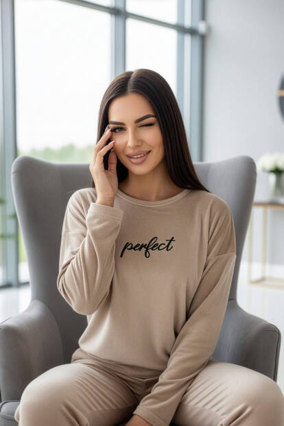 Karamel Perfect Desenli Exclusive Kadife Kadın Pijama Takımı  - 2