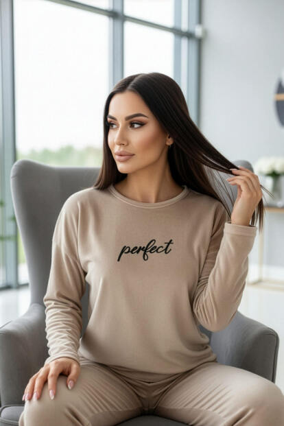 Karamel Perfect Desenli Exclusive Kadife Kadın Pijama Takımı  - 4