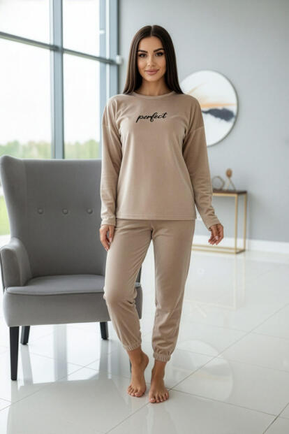 Karamel Perfect Desenli Exclusive Kadife Kadın Pijama Takımı  - 7