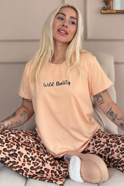 Karamel Wild Beauty Desenli Kısa Kollu Örme Kadın Pijama Takımı - 7