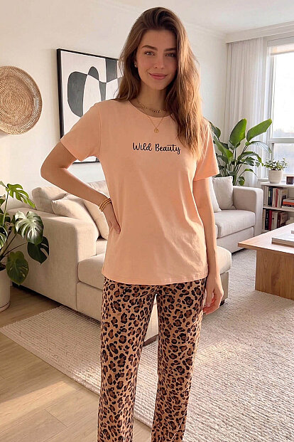 Karamel Wild Beauty Desenli Kısa Kollu Örme Kadın Pijama Takımı - 6