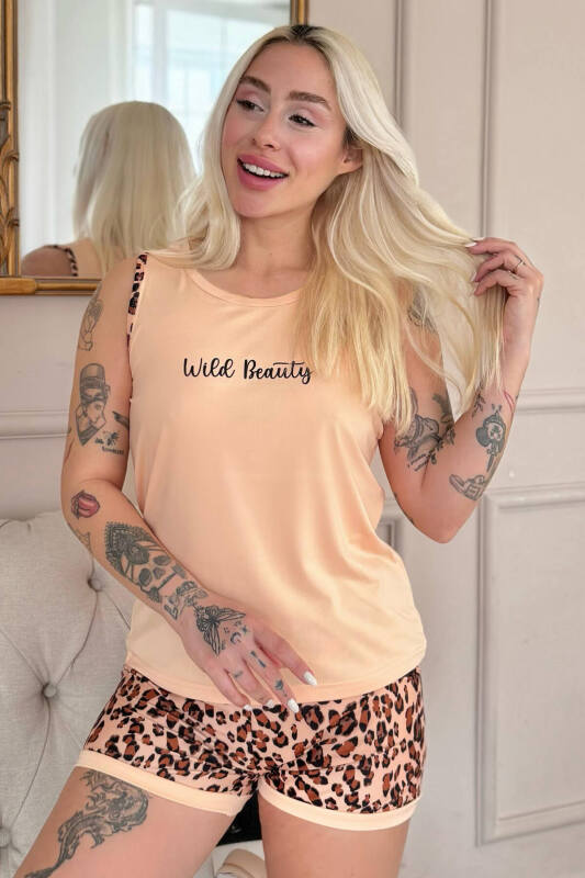 Karamel Wild Beauty Desenli Sıfır Kol Şortlu Örme Kadın Pijama Takımı - Pijamaevi